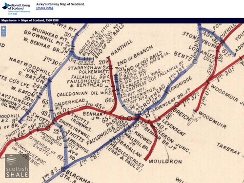 General arrangement of railways in the area from Airey&#x27;s railway map, c.1875. The Benhar oil works (then known as Caledonian oil works, were served by both the Caledonian and North British railway companies.