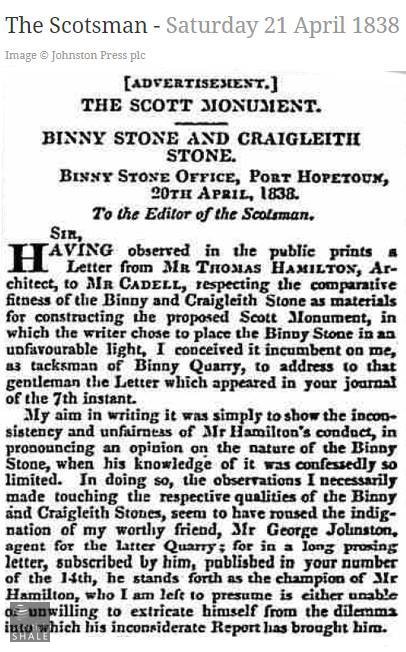 After great public debate, Binny stone was chosen for the construction of Edinburgh's Scott monument.