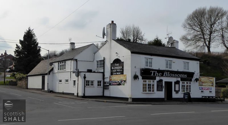 Bagilt oil works. The Blossoms Inn, with the presumed site of the oil works to the rear. Looking South West. Feb 2016.